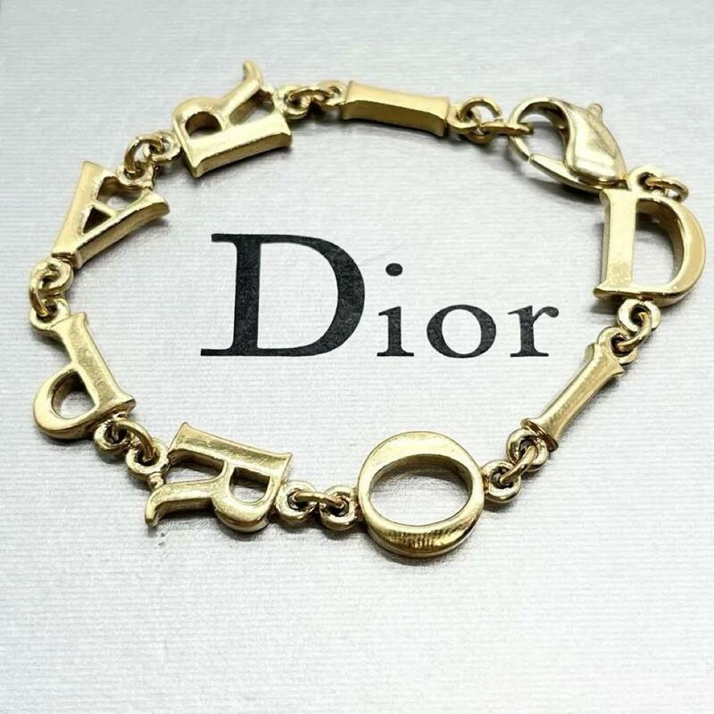美品 クリスチャンディオール Christian Dior ブレスレット アクセサリー 腕輪 ロゴ 文字 スイング Dior paris 刻印 ゴールド 金色