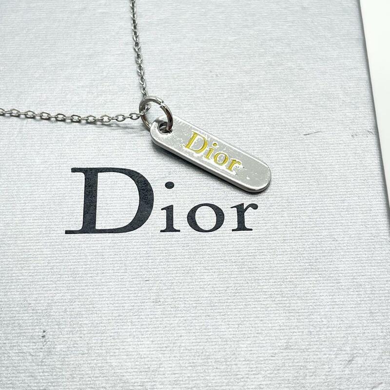 美品 クリスチャンディオール Christian Dior ネックレス アクセサリー プレート ロゴ 文字 ラインストーン 刻印 シルバー 銀色