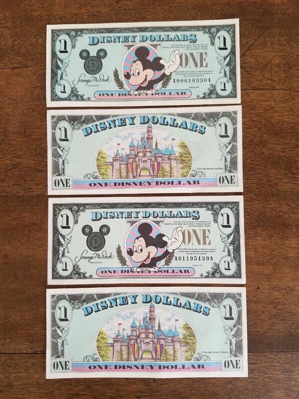 当時物 レア 90s DISNEY DOLLARS ディズニー ダラー 1ドル 紙幣 4枚 セット 1990 1991 MICKEY ミッキー マウス ビンテージ レトロ グッズ 