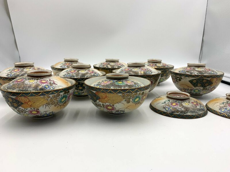 □● 骨董品 九谷焼 飯茶碗セット 9客 伝統工芸品 陶器 希少 (S0521)