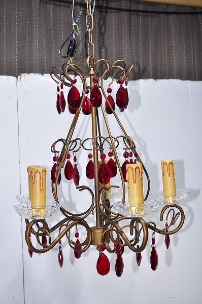 中古■レトロ シャンデリア 5灯 ガラス アイアン 鉄フレーム 蝋燭 キャンドル 天吊り 照明 金属