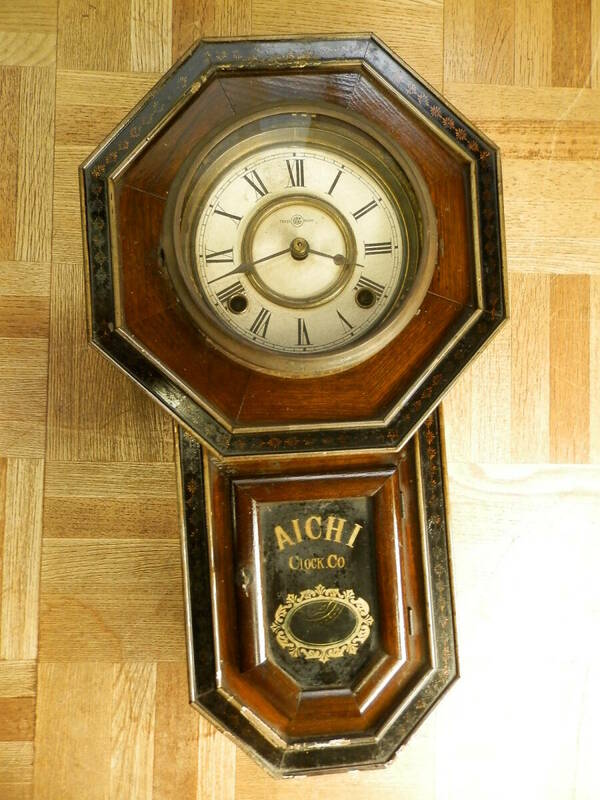 希少　小型八角時計　 愛知時計社　明治後期年代　1910年代 　短尾式機械　ゼンマイ式　柱時計　作動品　