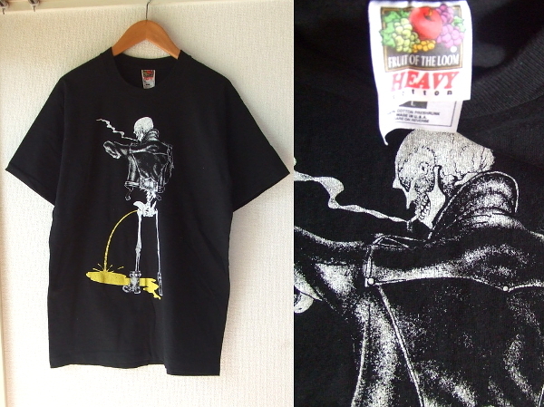 L★90s/PISSING SKELTON★ビンテージTシャツBY B.Y　アメリカ製usa古着fashion victim fruit of the loomスカルrockエロ ガイコツ バイカー