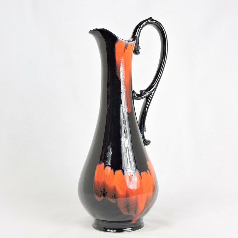 【中古】水差し 黒 橙 フラワーベース 花瓶 花器 花入れ 取っ手 置物 陶器