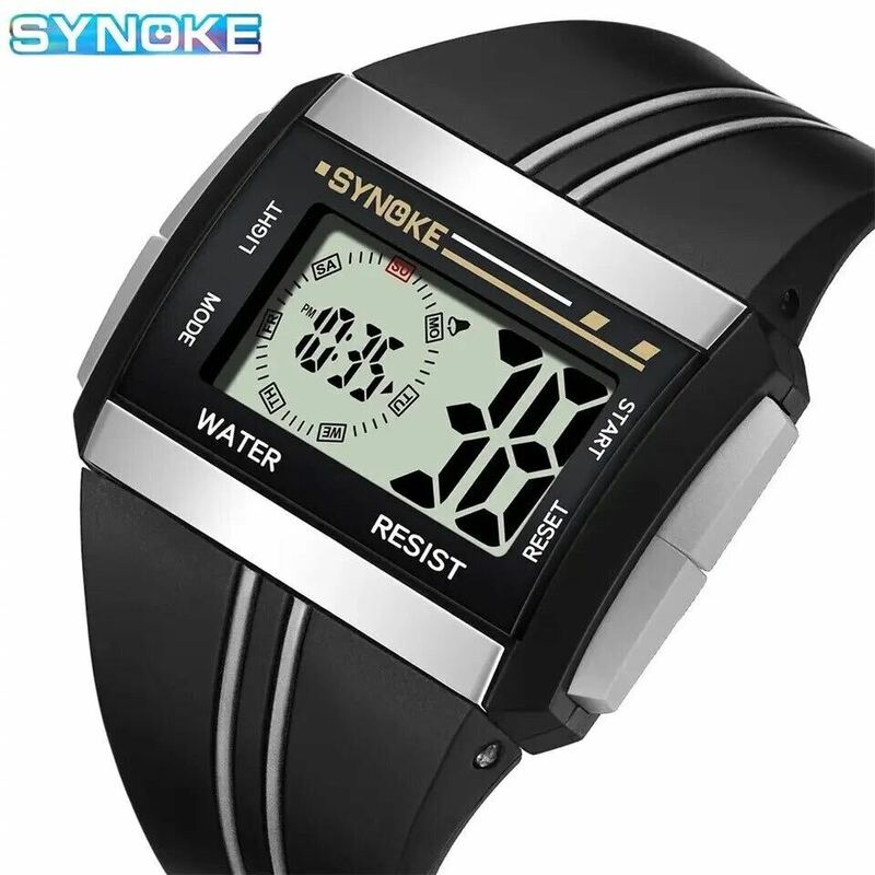 新品 SYNOKE スタイリッシュ 防水 デジタルストップウォッチ メンズ腕時計 スクエア シルバー 9222