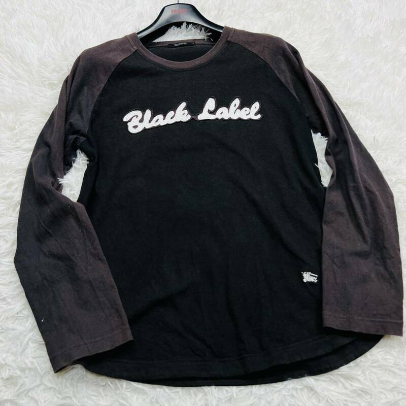 【希少Lサイズ】BURBERRY BLACK LABELバーバリーブラックレーベル Tシャツ ロンT ベースボールシャツ ロゴ刺繍 長袖
