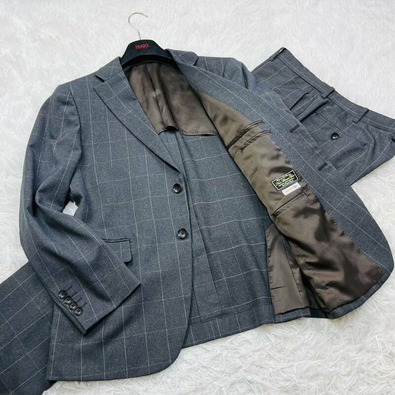 【極美品/希少Lサイズ】Perfect Suit FActory パーフェクトスーツファクトリー スーツセットアップ 上下 ウインドウペン柄 グレー L相当