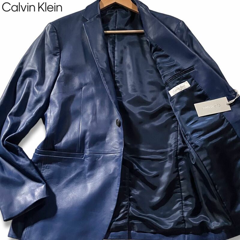 新品タグ付き/Mサイズ●最高級 カルバンクライン ラムレザー テーラードジャケット ライダース Calvin Klein 羊革 1B ネイビーブルー 38