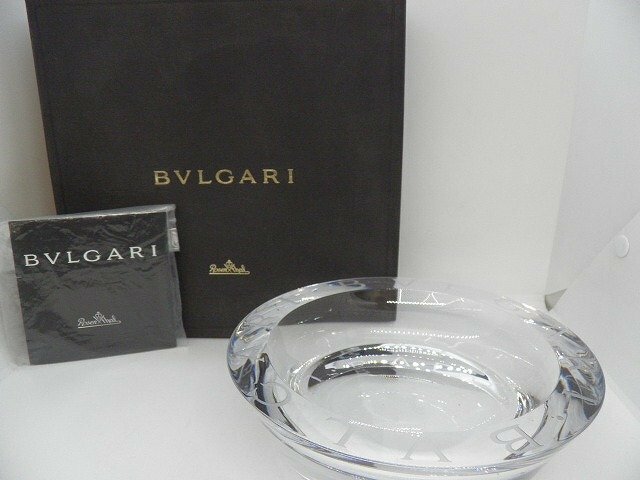 キングラム[41]美品！BVLGARI Rosen Thal ブルガリ ローゼンタール クリスタル 灰皿 アッシュトレイ ロゴ入り 箱付 喫煙具 円型 置物 中古