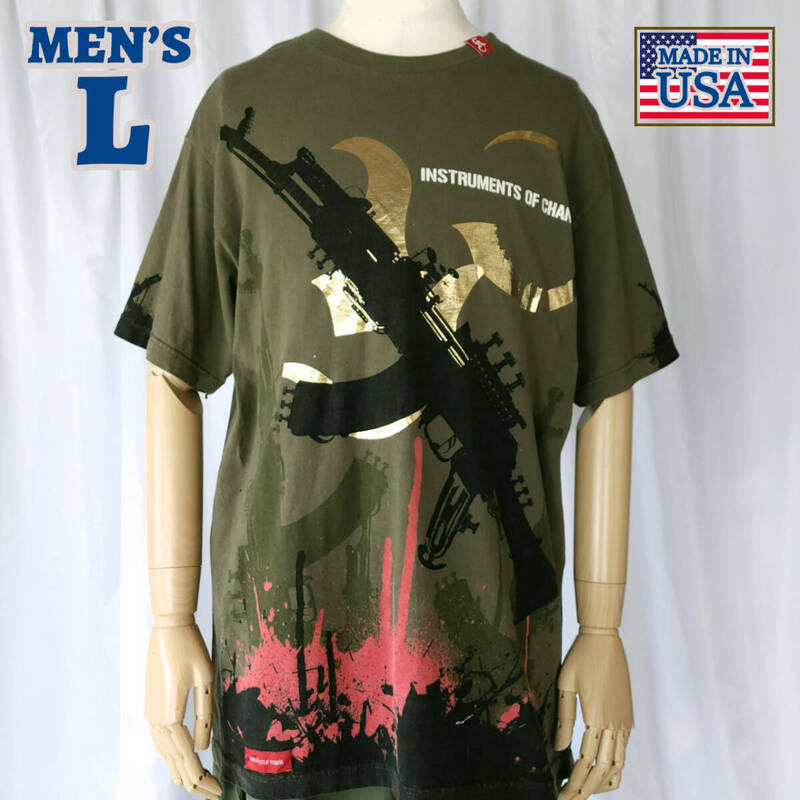 K/Lサイズ/USA製 KALLUSIVE マシンガンデザイン 半袖Tシャツ カーキグリーン系 USED 古着 ゴールド グラフィック 銃 武器 Gun