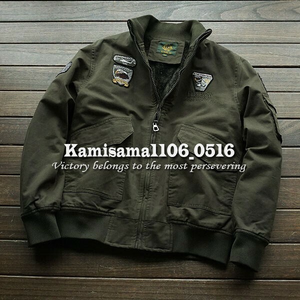 G891※XL(M程度)/新品★KALD 緑 メンズ 刺繍ワッペン ミリタリーMA-1 裏ボア ジャケット フライトブルゾン ジャンパー