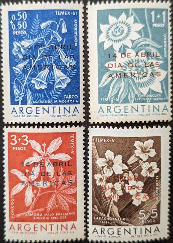 【外国切手】 アルゼンチン 1961年04月15日 発行 アメリカの日 ジャカランダ・ミモシフォリア トケイソウ・カエルレア 美しい... 未使用
