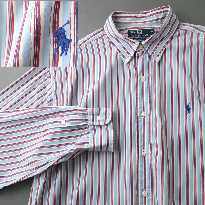 ポロラルフローレン マルチストライプ ボタンダウンシャツ ポニー刺繍 ブルー(XL)