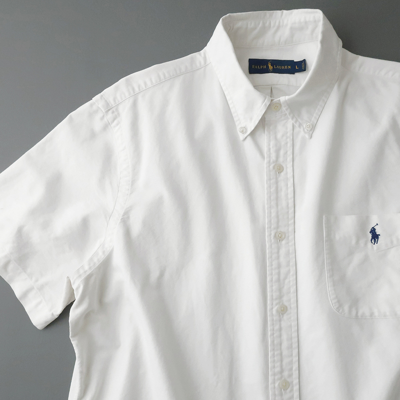 ラルフローレン オックスフォードシャツ 半袖/胸ポケット付 ボタンダウン ポニー刺繍 ホワイト(L)