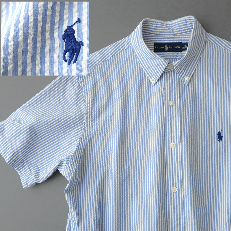 ラルフローレン シアサッカーコットン ロンドンストライプシャツ ポニー刺繍 ブルー(M) RalphLauren