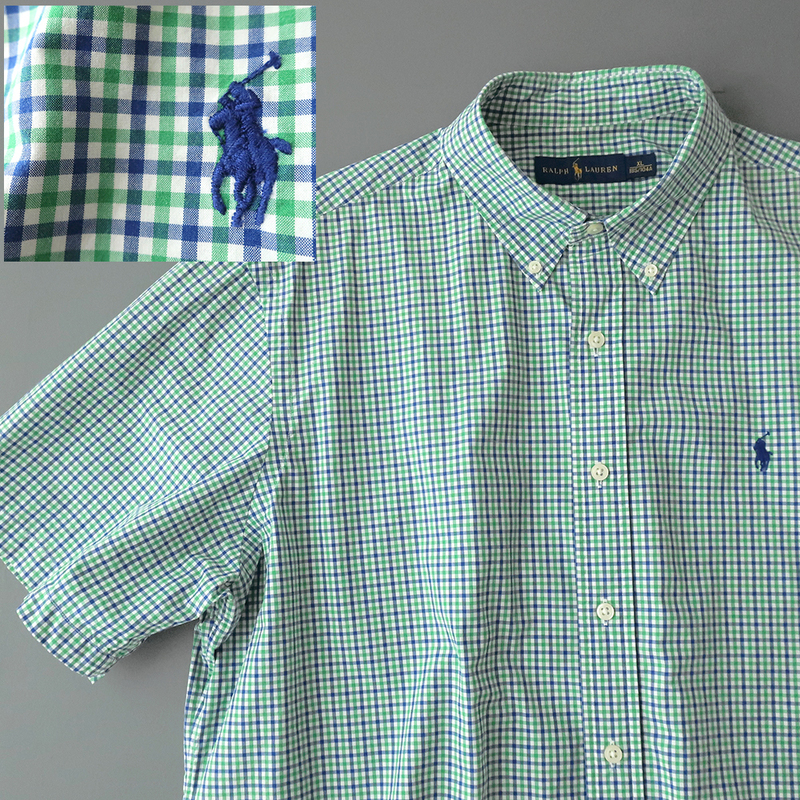 ラルフローレン サマーコットン スモールチェックシャツ グリーン×ネイビー(XL)