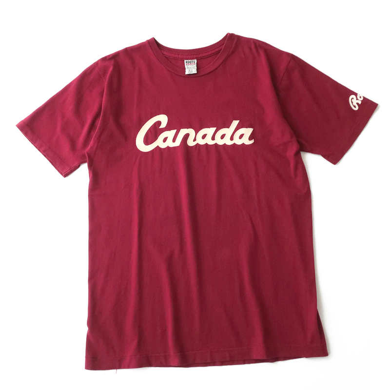 カナダ製 ROOTS ATHLETICS シングルステッチTシャツ フロッキーロゴプリント/丸胴 レッド(M)
