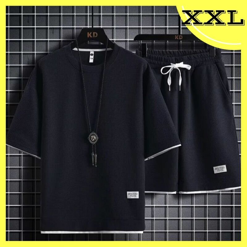 XXL　セットアップ 部屋着 パジャマ ブラック スウェット　シャツ メンズ 半袖 ルームウェア 上下セット 半パン 半袖Tシャツ