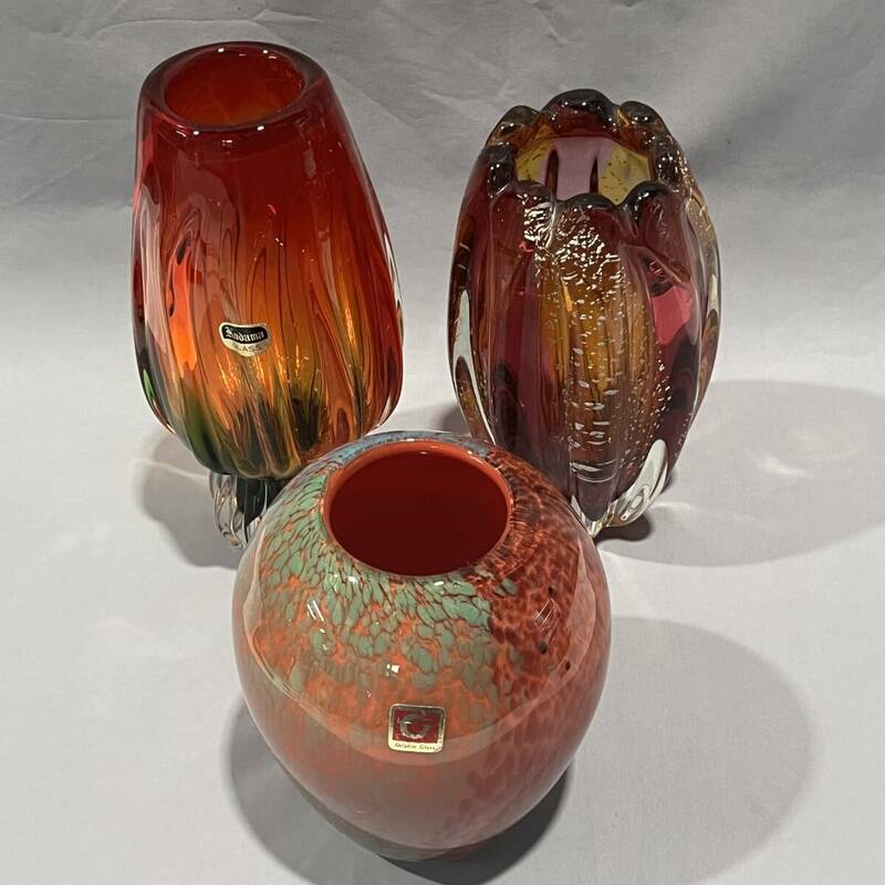 ガラス花瓶3点 色ガラス 硝子 造形花瓶 Kodama GLASS/DolphinGlass 花瓶 花器 インテリア アンティーク 昭和レトロ