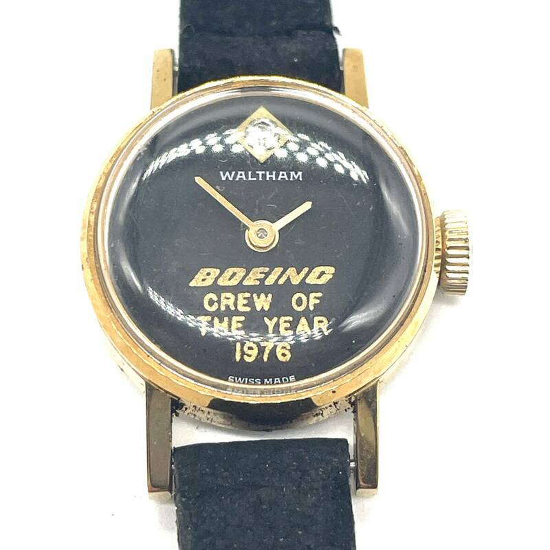 稼働品 WALTHAM ウォルサム BOEING CREW OF THE YEAR 1976 ヴィンテージ 手巻き 機械式 腕時計 ゴールド ブラック スエード レザーベルト