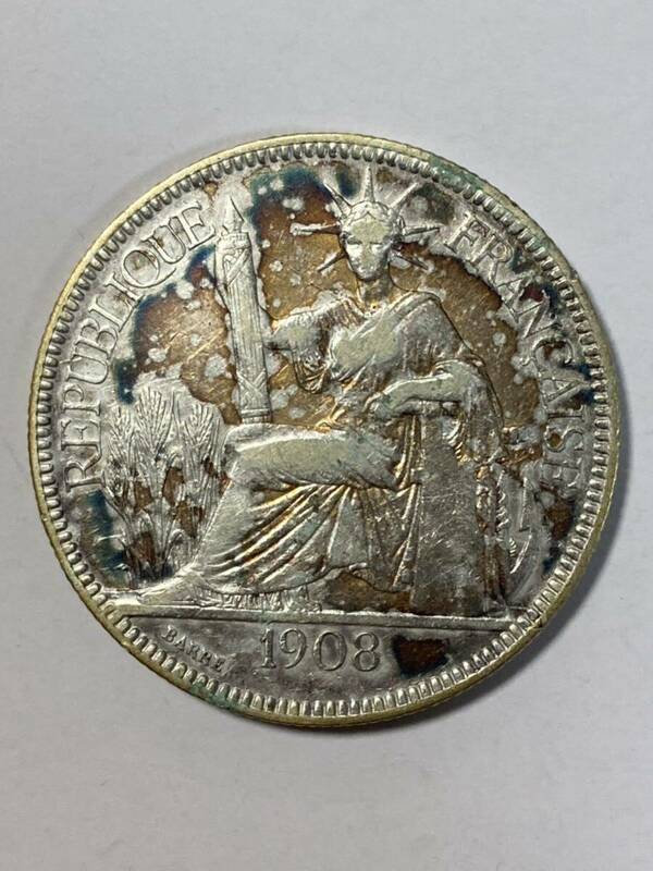 フランス領インドシナ 1908年　1 piastre 銀貨　アンティークコイン 古銭 銀貨 貿易銀