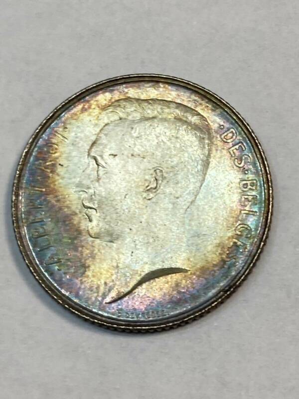 未使用　特年　1910年　ベルギー　フラン　銀貨　経年劣化　カラートーン　1910 Belgium 1 franc 1910 DES King Albert I (1910 - 1934)