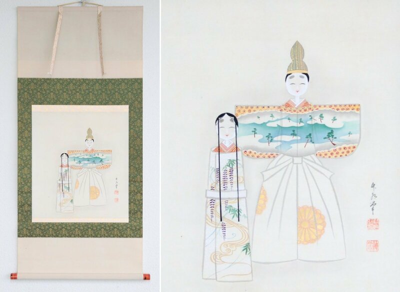竹水款　雛人形　絹本軸装　掛軸　節句飾　雛飾り　書画　日本画