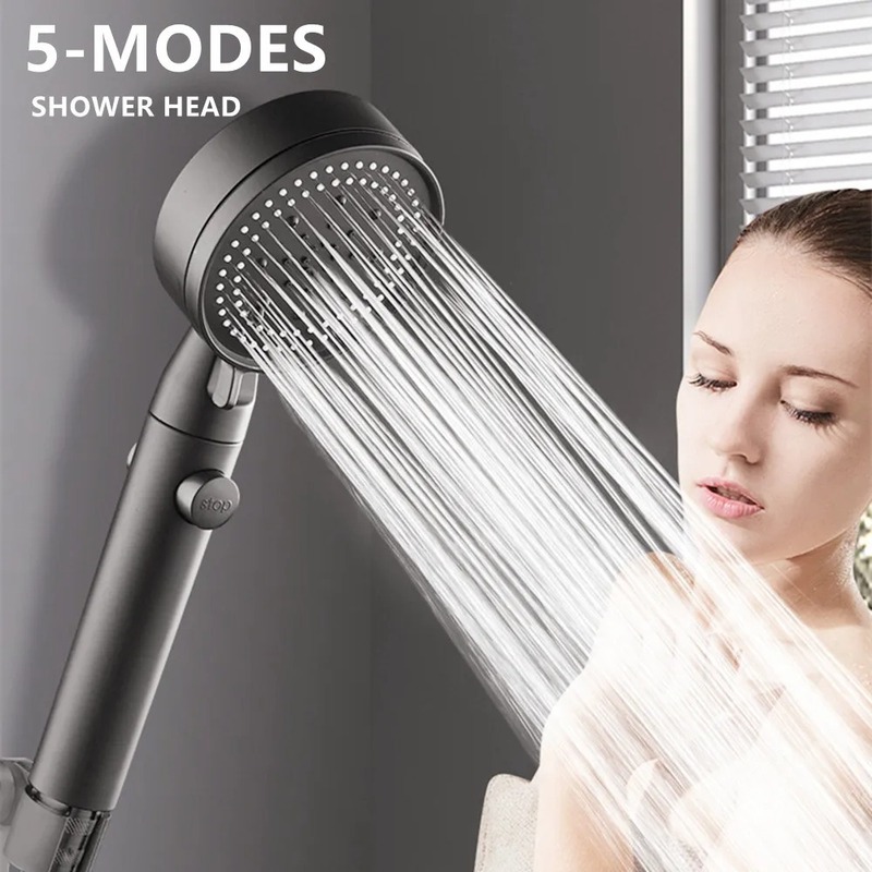 お買得◆高圧シャワーヘッド 付替え バスルーム用 5つのモード 節水 スプレーノズル DIY ブラック