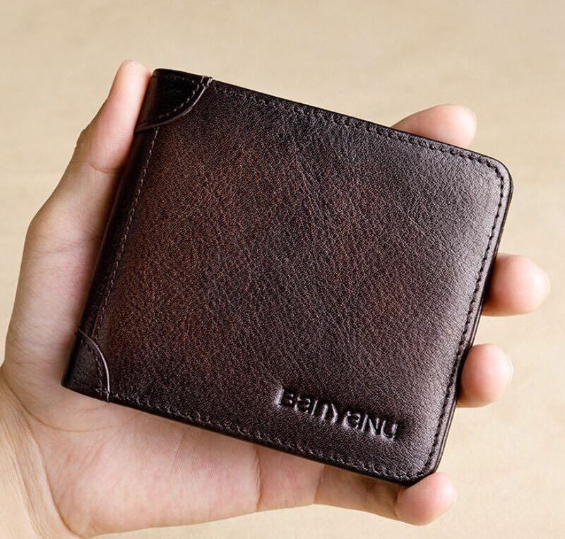 牛革二つ折りメンズ 財布、高級感財布、カード 7枚二つ折り財布、新品＊当日発送(濃いブラウン)