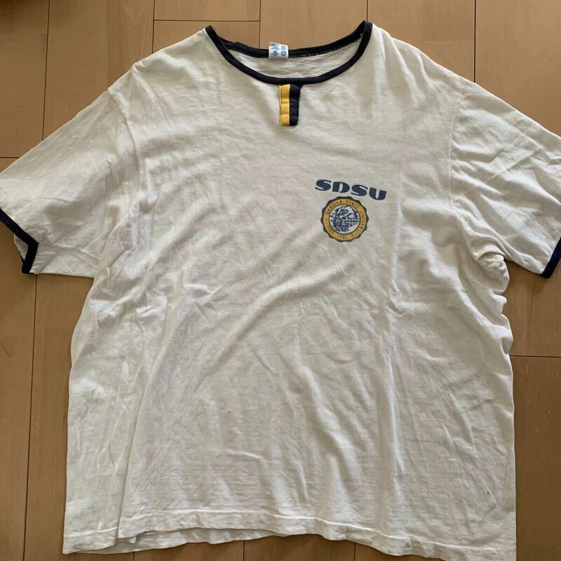 レア80s【champion】チャンピオン カレッジ ロゴ Tシャツ XL リンガー チョコチン ガゼット ビンテージ 後期トリコタグ USA製