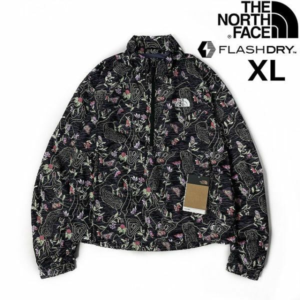 売切り【正規新品】THE NORTH FACE◆W HYDRENALINE PULLOVER ウインドパーカー US限定 速乾 軽量 等高線(XL)黒 花柄 総柄 180915-15