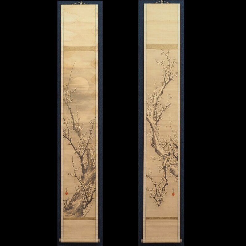【真作】【渡鹿庵】[河上鴻立] 15144 双幅 掛軸 日本画 月に老梅図 絹本 花鳥図 熊本 肥後 天草 在銘