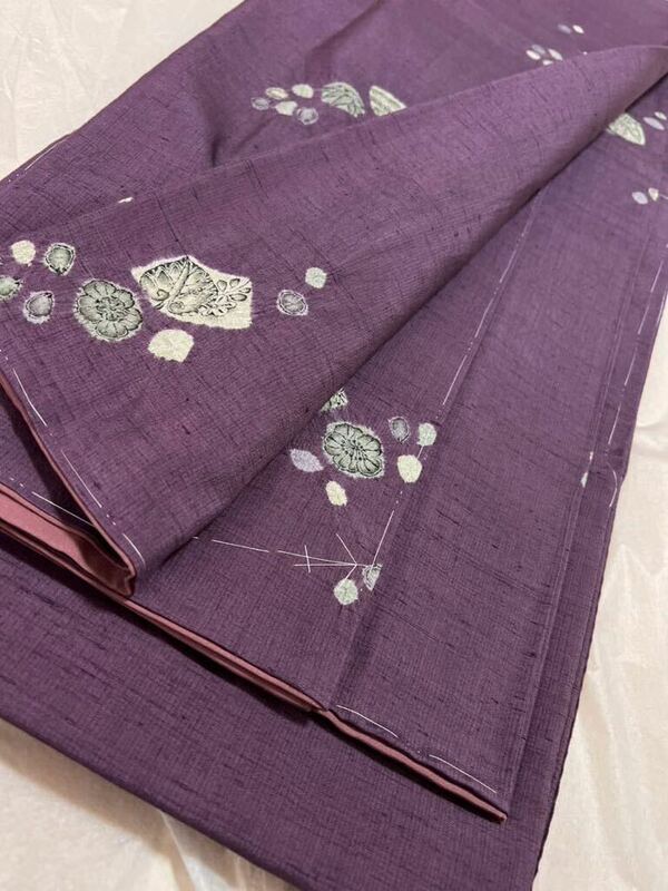 逸品 紬 辻ヶ花 着物 紫 しつけ糸付き 小紋 きもの 和装 