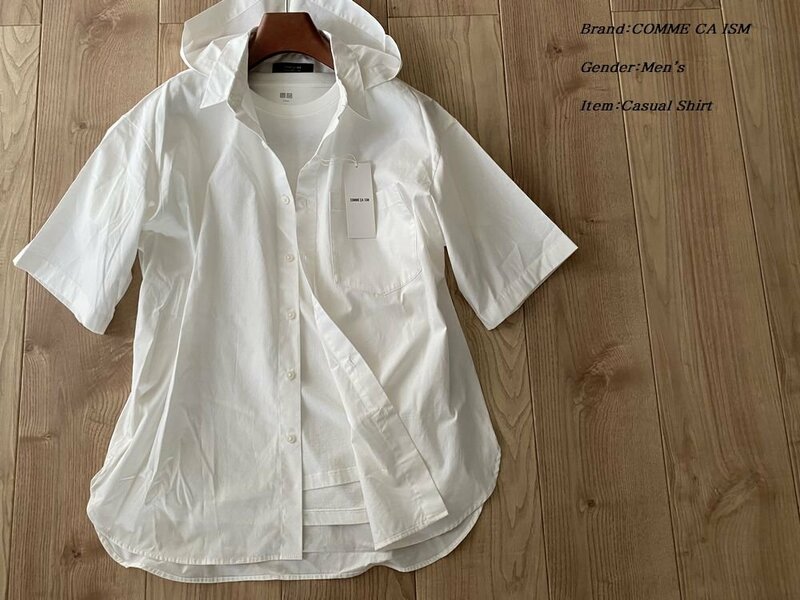 新品 COMME CA ISM MEN コムサイズム コットン100% 半袖フードシャツ 01ホワイト Fサイズ 33IT23 定価6,900円