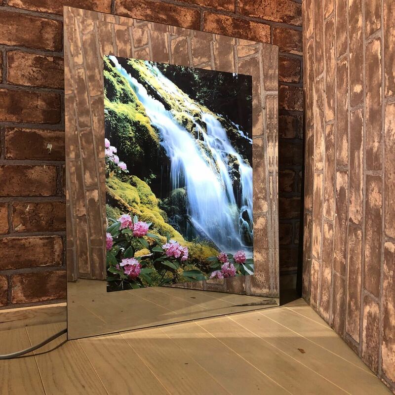1069　流れる滝　日本画　電気ネオン入絵　LS-16(G)　ミラー　鏡　アート額　　日本庭園　和　動作品