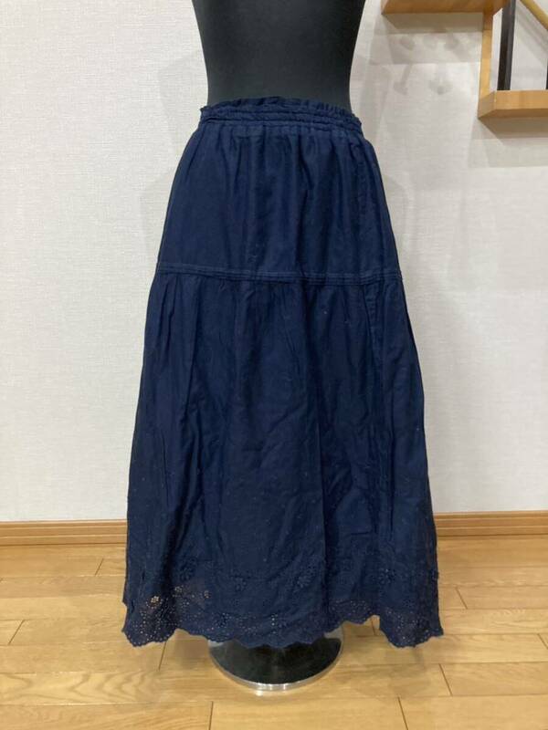 アースミュージック ロングスカート ギャザースカート 裾刺繍 ネイビー M〜Lウエストゴム 