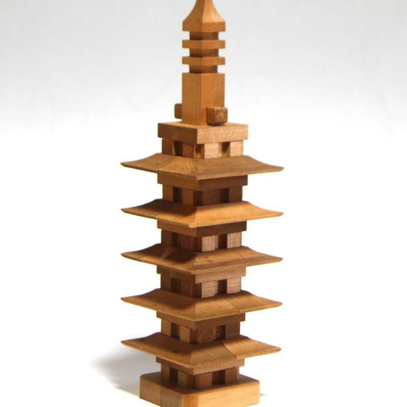 彩]　五重塔　木彫立体パズル　３Dウッドパズル　古代建築３D　高さ約：23ｃｍ　