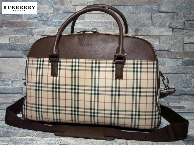 Burberry バーバリー ノバチェック ロゴ刻印 レザー キャンバス 2WAY 旅行 ボストンバッグ ハンドバッグ 鞄 ユニセックス トラベルバッグ