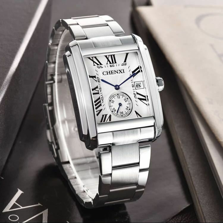 新品　メンズ腕時計　アナログ腕時計　ビジネスウォッチ　防水ステンレス　カレンダー　ステンレスホワイト　防水腕時計E1134現品限り