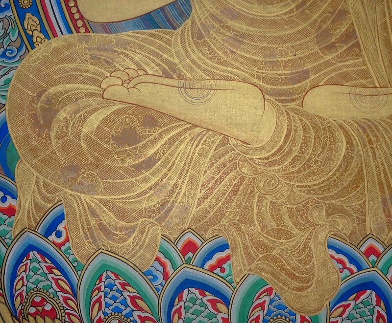 【掛け軸】　仏教美術　仏画　「阿弥陀曼荼羅」　真作　真筆保証　絹本　超極密彩色画　箱書きあり　截金　金軸　金襴表装　無落款