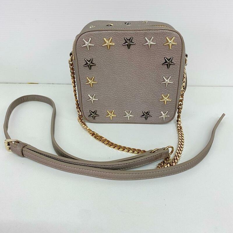 １円～　J-12　60　美品　JIMMY CHOO　ジミーチュウ　サニーチェーン　ショルダーバッグ　スタッズ　スター　グレー レザー ミニショルダー