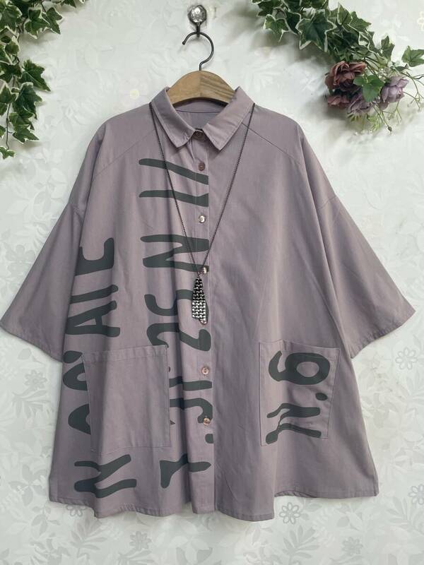 ★新品 綿100 英字print プルオーバー 羽織ブラウス M~L(PU)