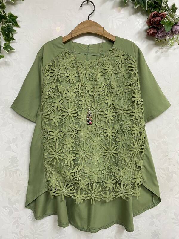 ★新品 お花刺繍スカラップレース フィッシュテールチュニック M~L（GR)