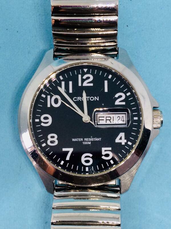 (G49)10気圧防水(*'▽')CROTON・ディディト（電池交換済み）シルバー・メンズ腕時計USED（送料全国一律185円）素敵な時計です。