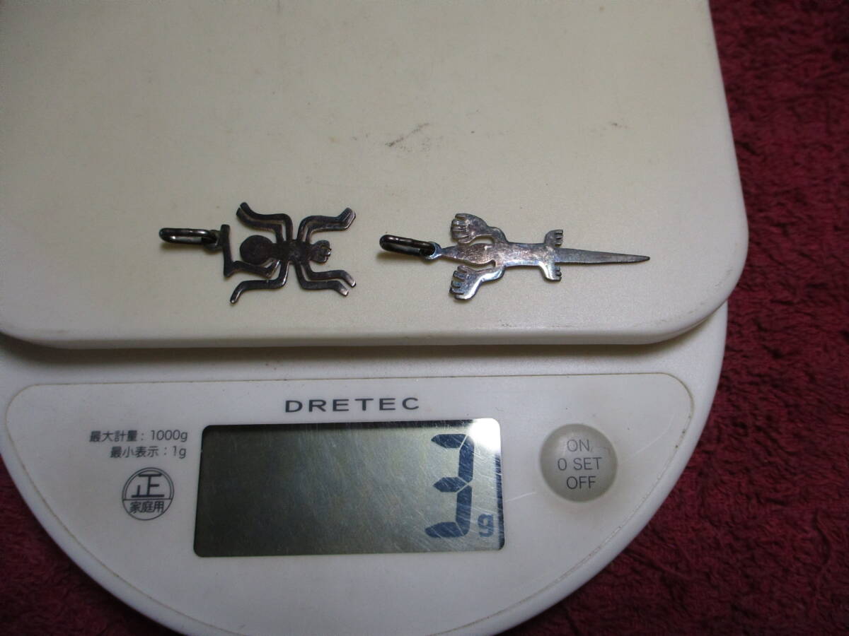 多分未使用/綺麗ペルーで購入２点★ナスカの地上絵　蜥蜴 ワニ/蜘蛛 PERU 990 刻印有り シルバー銀 ペンダント★P