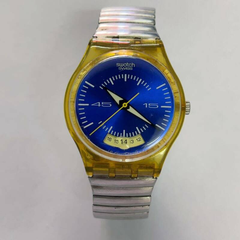 Swatch スウォッチ メンズ腕時計 クォーツ デイト ブルー文字盤×スケルトン スイス製 稼働品