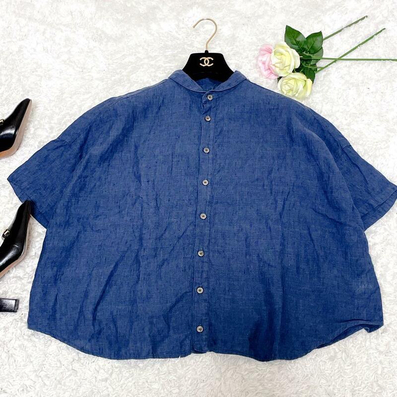 【美品】ネストローブ インディゴ リネン100 % 半袖シャツ 紺 フリーサイズ