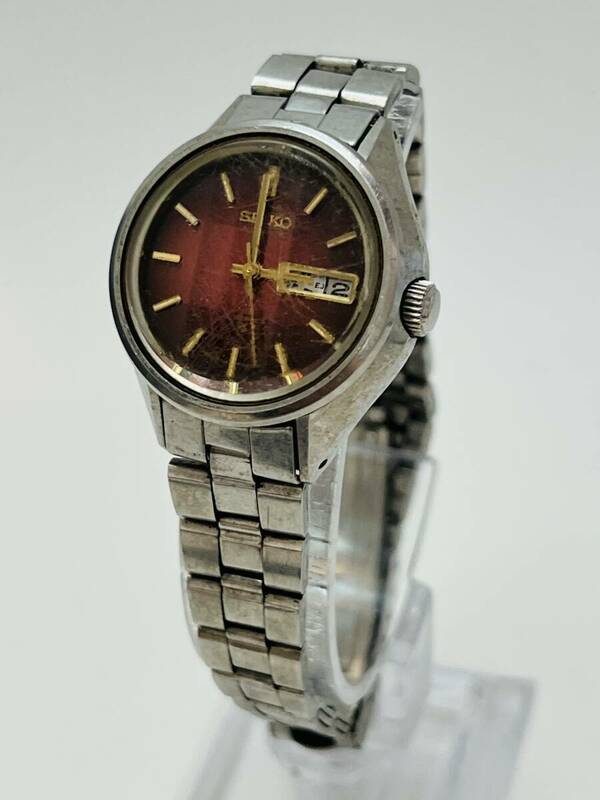 動作　SEIKO セイコー 2706-0220 21石 SS レッド系文字盤 自動巻き レディース 腕時計