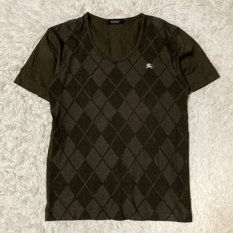 BURBERRY BLACK LABEL バーバリーブラックレーベル 半袖Tシャツ ホースロゴ ワンポイント刺繍 アーガイル柄 チェック柄 茶色 サイズ2