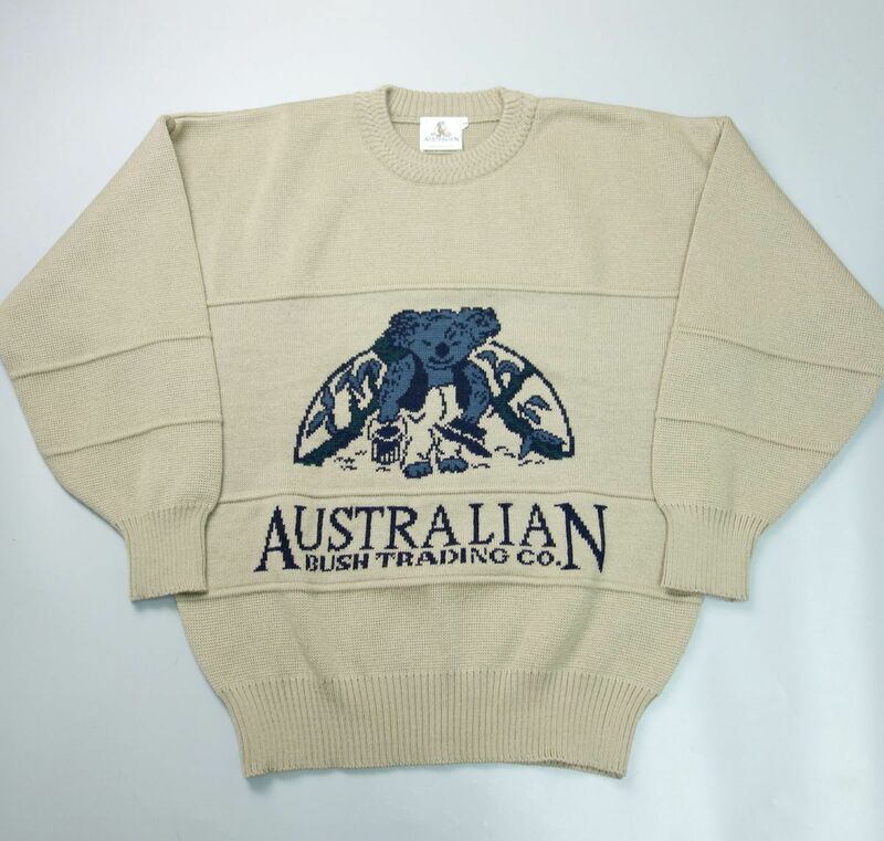 美品 80s 90saustralian オーストラリア製 コアラデザインピュアウールニット L ベージュ系 メンズ